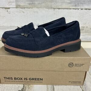 Clarks Womens 8 Westlyn bella navy suede slip on casual shoe tassel loafer black